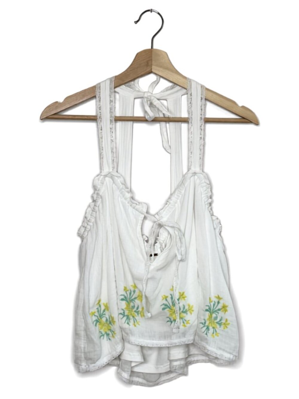 Free People White Embroidered Floral Boho Tank Ruffle Tie Neck Sleeveless Top S